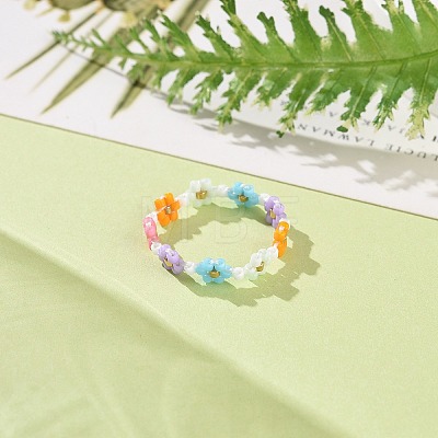 Glass Beaded Flower Wrap Stretch Finger Ring for Women RJEW-MZ00002-02-1