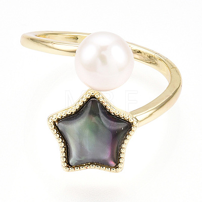 Natural Pearl Finger Open Cuff  Ring with Black Shell PEAR-N022-C02-1