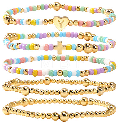 Summer Stainless Steel Heart Alphabet Colorful Glass Seed Beaded Stretch Bracelet Sets JV8929-25-1