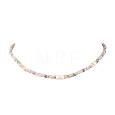 Natural Rhodonite Faceted Rondelle Beaded Necklaces with Natural Pearl Rice Beads NJEW-JN06529-1