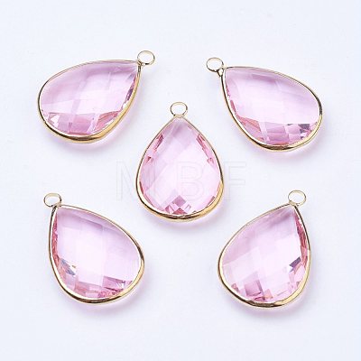 Golden Tone Brass Glass Teardrop Pendants X-GLAA-M006-A-15G-1