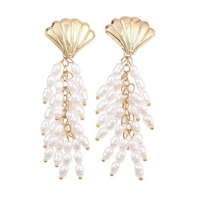 Alloy with Plastic Pearls Stud Tassel Earrings EJEW-Z172-06G-03-1