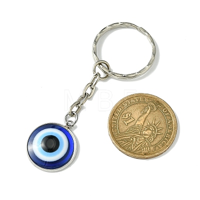 Flat Round with Evil Eye Resin & 304 Stainless Steel Pendant Keychain KEYC-JKC00645-1