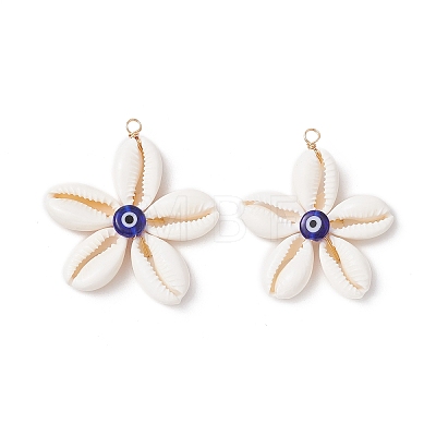 Natural Cowrie Shell with Handmade Blue Evil Eye Lampwork Pendants PALLOY-TA00274-1
