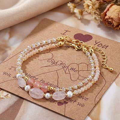 2Pcs Natural Rose Quartz & Glass & Imitation Pearl & Brass Beaded Bracelets for Women JV0360-4-1