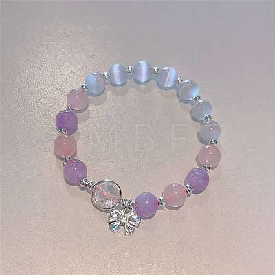 Bowknot Alloy Cat Eye & Natural Amethyst Round Beaded Charm Bracelets WG18D49-04-1