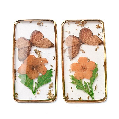 Brass & Transparent Epoxy Resin & Dried Flower Pendants RESI-G133-01G-01-1