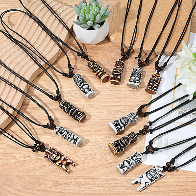 12Pcs 12 Colors Adjustable Resin Religion God of Wealth Zaki Ram Pendant Black Cord Necklaces for Men NJEW-ME0001-24-1