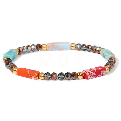 Dyed Synthetic Imperial Jasper Cuboid & Faceted Rondelle Dyed White Jade & Round Brass Beaded Stretch Bracelets QY8342-5-1