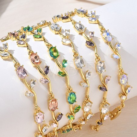 Brass Glass Flower Link Chain Bracelets KK-CBA7DFA-01G-A-1