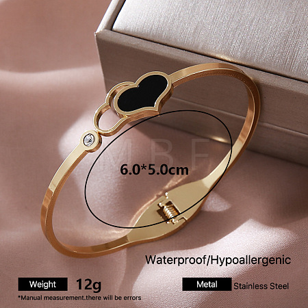 304 Stainless Steel Black Enamel Hinged Cuff Bangles with Crystal Rhinestone for Women PG1095-2-1