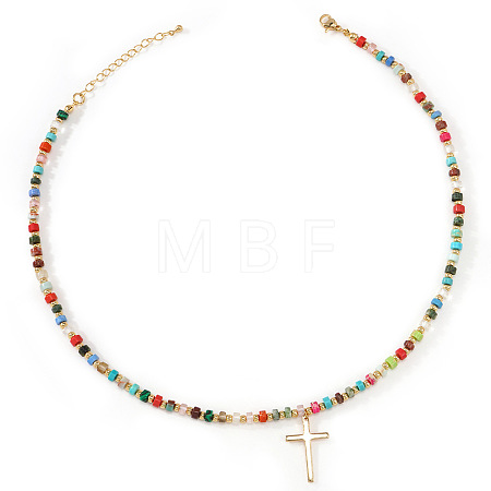 Colorful Mixed Stone Heishi Beaded Necklaces with Stainless Steel Religion Cross Pendant for Women OM0198-2-1