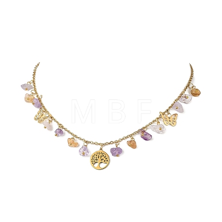 304 Stainless Steel Tree of Life and Nuggets Natural Ametrine Pendant Bib Necklaces for Women NJEW-JN05665-1