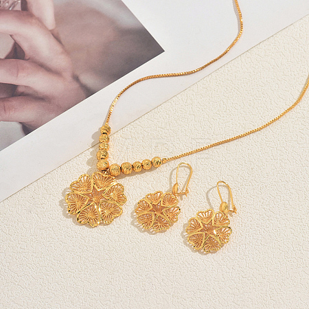 Brass Hollow Flower Hoop Earrings & Pendant Necklaces Sets for Women JE0471-1