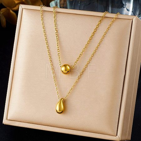 304 Stainless Steel Round Teardrop Pendant Cable Chain Double Layer Necklaces for Women NJEW-B083-03G-1