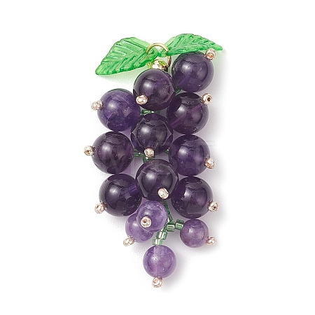 Natural Amethyst & Glass Seed Beaded Grape Pendants PALLOY-MZ00872-02-1