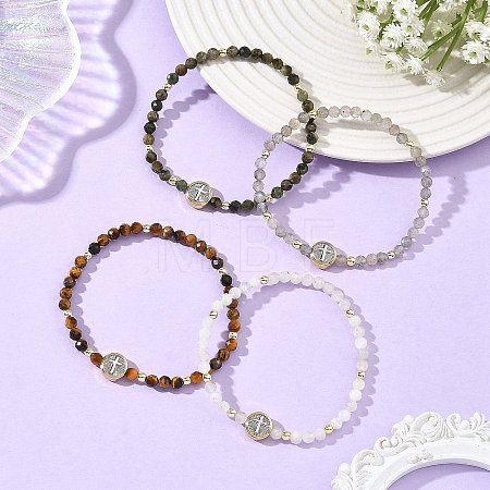 Religion Natural Mixed Gemstone Beaded Stretch Bracelets with Brass Flat Round with Cross Beads BJEW-JB14360-1