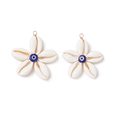 Natural Cowrie Shell with Handmade Blue Evil Eye Lampwork Pendants PALLOY-TA00274-1