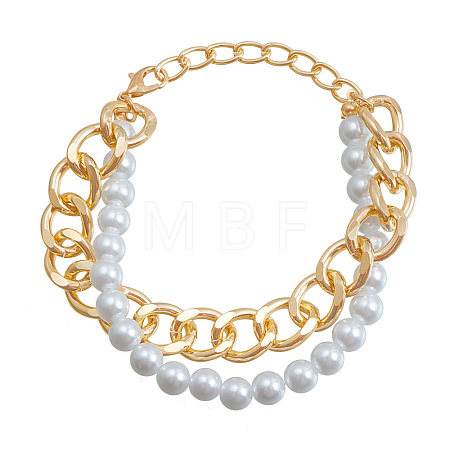 Imitation Pearl Round Beaded and Alloy Twisted Chain Braided 2-Strand Bracelets for Women WG9B514-02-1