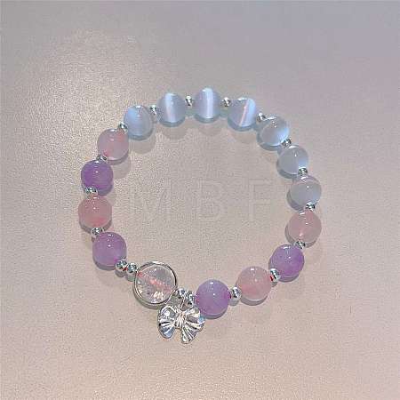 Bowknot Alloy Cat Eye & Natural Amethyst Round Beaded Charm Bracelets WG18D49-04-1