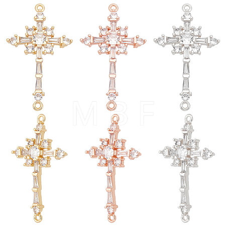 6Pcs 3 Colors Brass Pave Clear Cubic Zirconia Connector Charms ZIRC-BBC0001-90-1