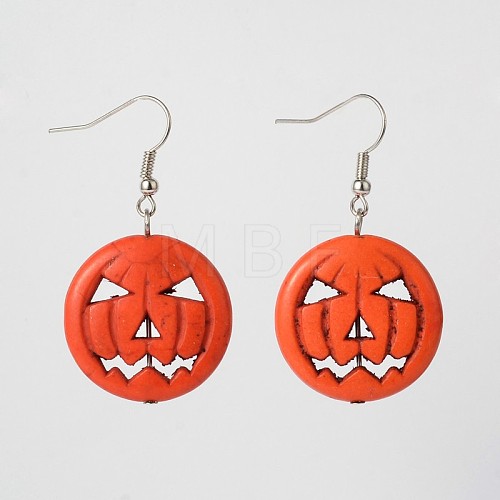 Halloween Pumpkin Jack-O'-Lantern Jack o Lantern Synthetic Turquoise Dangle Earrings EJEW-JE01571-01-1