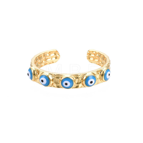 Real 18K Gold Plated Brass Open Cuff Ring with Enamel Evil Eye for Women RJEW-Q166-02C-1