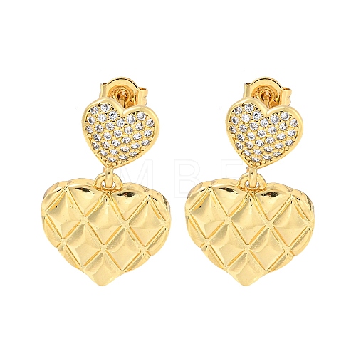 Heart Brass Pave Clear Cubic Zirconia Dangle Stud Earrings EJEW-M258-31G-1