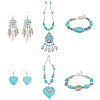 Natural & Synthetic Turquoise Heart Pendant Necklaces & Beaded Bracelets & Feather Chandellier Earrings SJEW-AN0001-45-1