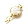 Brass Pave Natural White Shell Flat Round with Cross Pendants KK-C090-40G-06-3