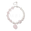 Natural Rose Quartz Heart Charm Bracelet with Natural Pearl Beaded Chains for Women BJEW-TA00255-02-1
