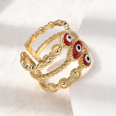 Brass Enamel Evil Eye Open Cuff Rings for Women RJEW-L339-01G-01-1