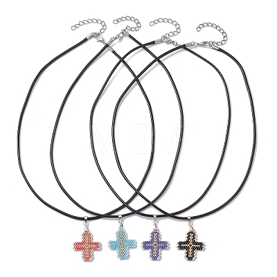 Glass Seed Cross Pendant Necklaces NJEW-MZ00025-1