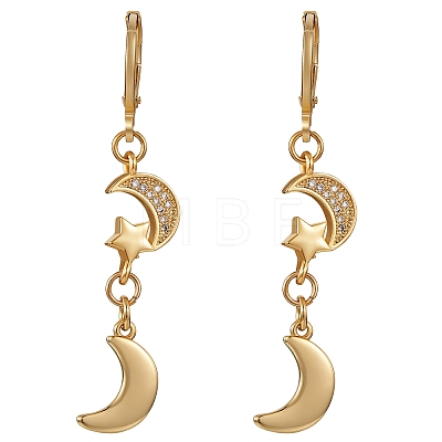 Clear Cubic Zirconia Moon and Star Dangle Leverback Earrings EJEW-SW00011-09-1