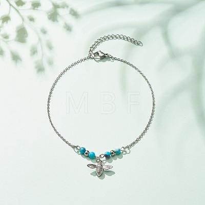 304 Stainless Steel Bees Charm Anklet with Round Natural White Jade Beads for Women AJEW-AN00498-02-1