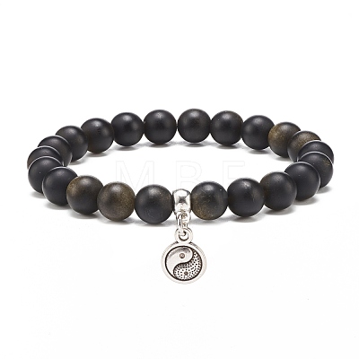 2Pcs 2 Style Natural Golden Sheen Obsidia & White Jade Stretch Bracelets Set with Alloy Yin Yang Charms BJEW-JB08446-1