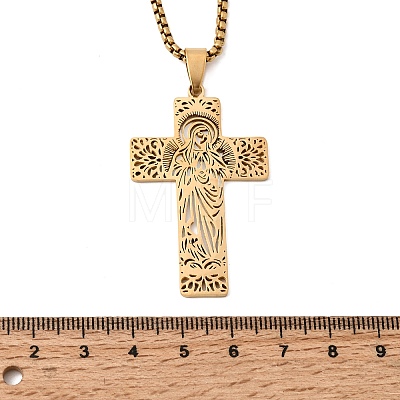 Religion 201 Stainless Steel Hollow Virgin Cross Pendant Necklaces for Men Women NJEW-Z118-01G-1