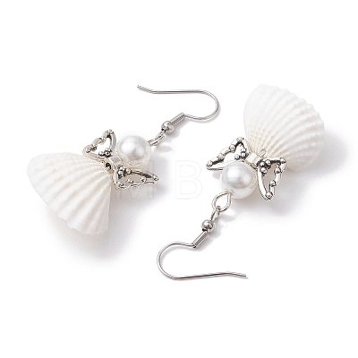 Angel Spiral Shell & Glass Pearl Dangle Earrings EJEW-JE05838-1