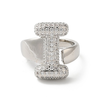 Letter Brass Micro Pave Clear Cubic Zirconia Open Cuff Ring for Women RJEW-N046-03I-P-1