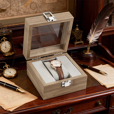 Wooden Single Watch Display Cases with Glass Window Lid and Velvet Pillow Inside CON-WH0043-306C-1