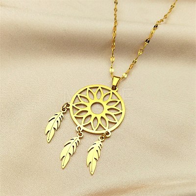 Woven Net/Web with Feather 304 Stainless Steel Pendant Necklaces for Women NJEW-G087-02G-1