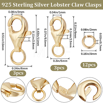 Beebeecraft 6Pcs 2 Size 925 Sterling Silver Lobster Claw Clasps STER-BBC0005-57G-1