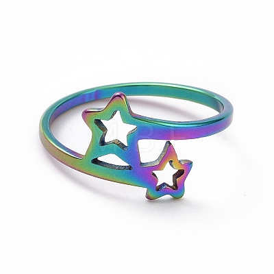Ion Plating(IP) 201 Stainless Steel Double Star Finger Ring RJEW-J051-14MC-1