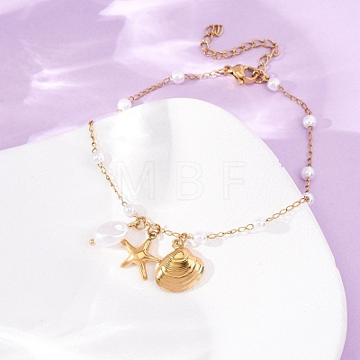 Ocean 304 Stainless Steel and Imitation Pearl Charm Anklets for Women SA-CBA3D94-04B-G-1