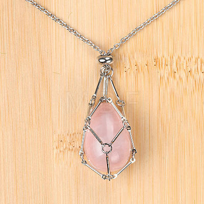 Natural Rose Quartz Easter Egg Cage Pendant 304 Stainless Steel Cable Chain Necklaces FS-WGA333C-06-1