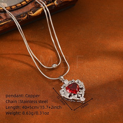 Brass Pave Red Cubic Zirconia Heart Pendant Round Snake Chain Double Layer Necklaces for Women WG9EE5F-02-1