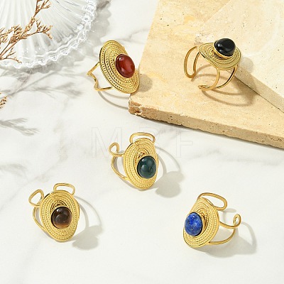 Natural Carnelian/Black Agate/Tiger Eye/Lapis Lazuli/Moss Agate Cuff Open Rings RJEW-JR01079-01-1