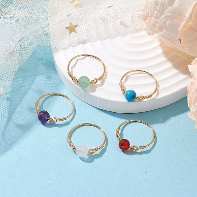 Round Natural & Synthetic Mixed Gemstone Bead Finger Rings RJEW-JR00725-1