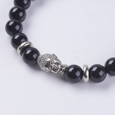 Natural Black Agate Beads Stretch Bracelets BJEW-E325-D16-1