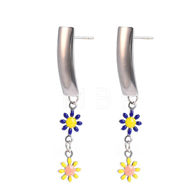 Rectangle with Flower Enamel Long Dangle Stud Earrings EJEW-N049-06A-1